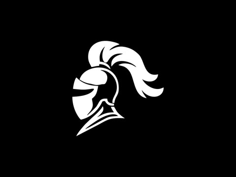 Minimalist white knight helmet silhouette icon on black background.