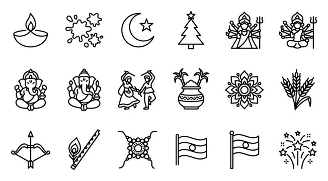 15 august india independence day religious culture vector set, indian diya om ganesha lakshmi kalash temple bell bow arrow flag fireworks line art icons for patriotic spiritual heritage design