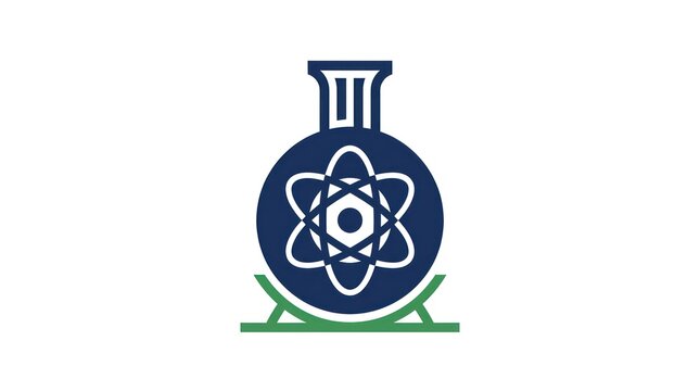 Laboratory round bottom flask with biohazard symbol icon. Scientific glassware vector emblem for research and medical safety.