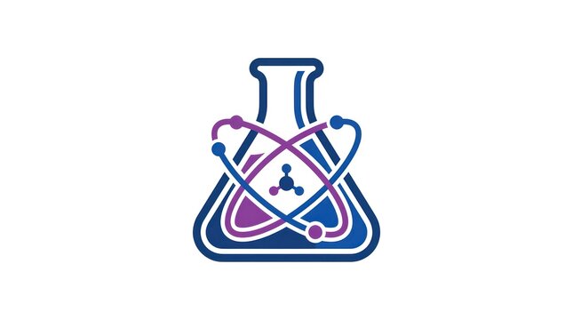 Science laboratory logo with orbiting molecular flask. Futuristic research emblem featuring dynamic chemical innovation symbol.