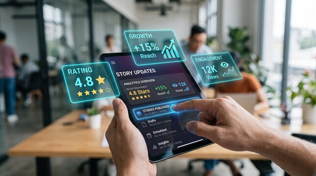 Business professional interacting with holographic social media analytics on a modern tablet device inside a brightly lit corporate office environment