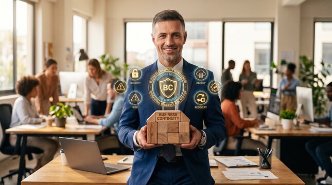 Professional businessman holding wooden block house model representing corporate continuity strategies within modern office setting during bright daylight work hours