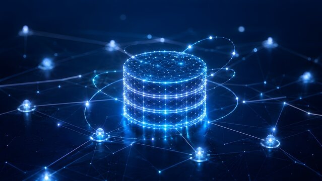 Abstract wireframe glowing database node connected by digital lines representing decentralized blockchain network and big data computing.