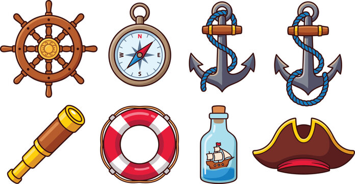 Vector cartoon pirate nautical icons set with ship wheel compass anchors spyglass lifebuoy bottle and captain hat