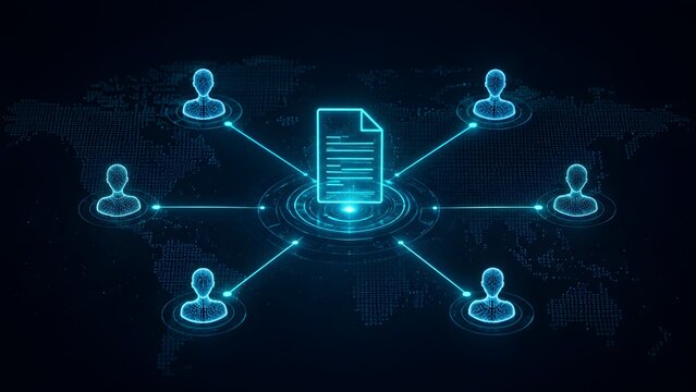 Global digital network concept showing a glowing document connected to multiple user avatars over a world map representing international team collaboration and remote work
