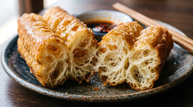 Golden Crispy Youtiao Chinese Fried Dough Sticks showing Light Airy Interior Structure served with Dipping Sauce