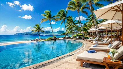 Naklejka premium People enjoy their time by the poolside at a beach resort. Sun loungers are set up beside the water, and palm trees sway gently. The ocean is visible in the background.
