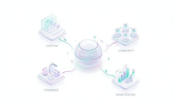 Isometric 3d infographic showing a central sphere connected to four distinct platforms representing community, commerce, and monetization