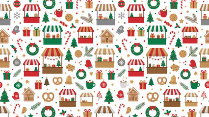 Naklejka premium Festive Christmas Market Pattern Featuring Stalls Trees and Gifts.
