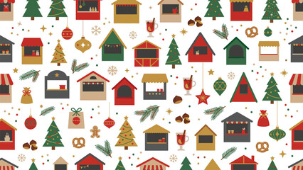 Naklejka premium Seasonal Christmas Village Pattern with Houses and Trees.