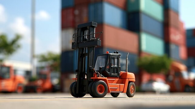 Orange Forklift Truck parked at shipping container yard, logistics and cargo transport industry