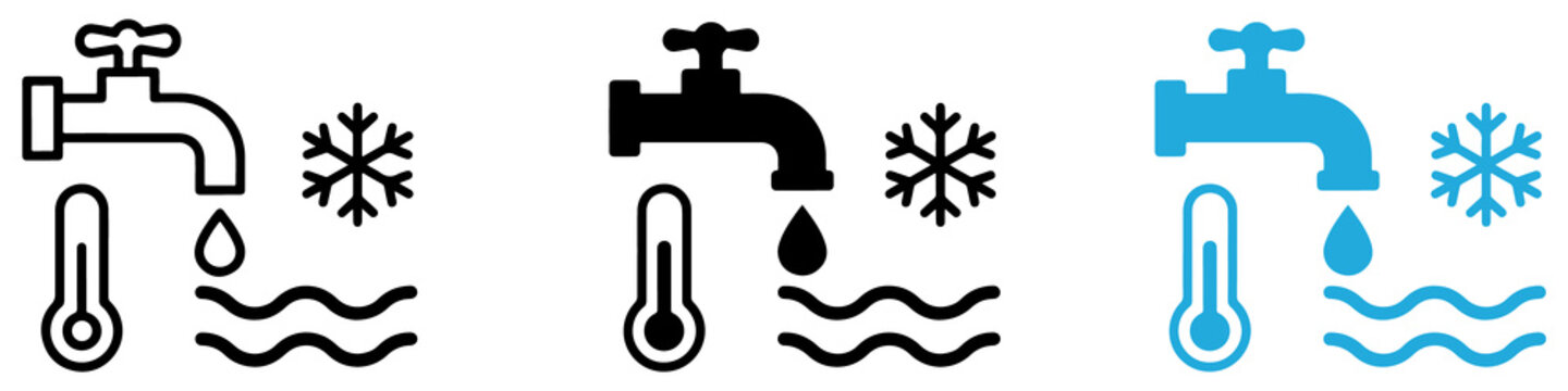 Three showing a faucet a thermometer a snowflake and water waves in black and white and blue
