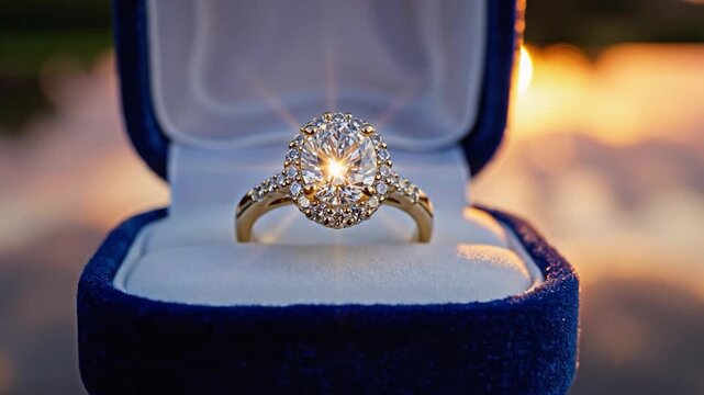 Diamond engagement ring in blue velvet box at sunset with water reflection