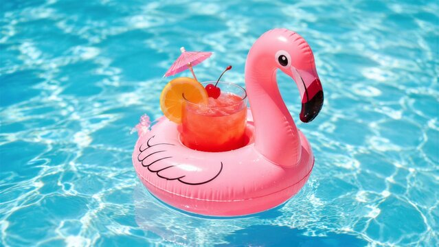 A pink flamingo float holds a colorful drink with an umbrella, a cherry, and a slice of lemon. The pool is blue and sunny, creating a summer vibe.