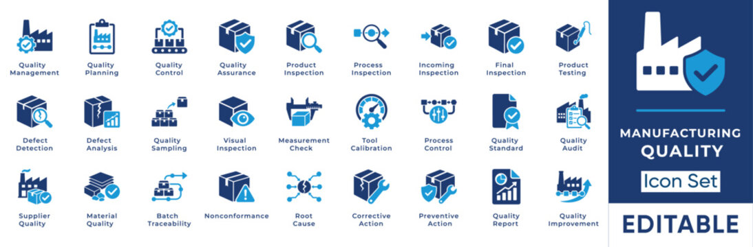 Manufacturing quality control icon set featuring product inspection, defect analysis, supplier quality, root cause analysis, corrective action, preventive action, and traceability symbols.