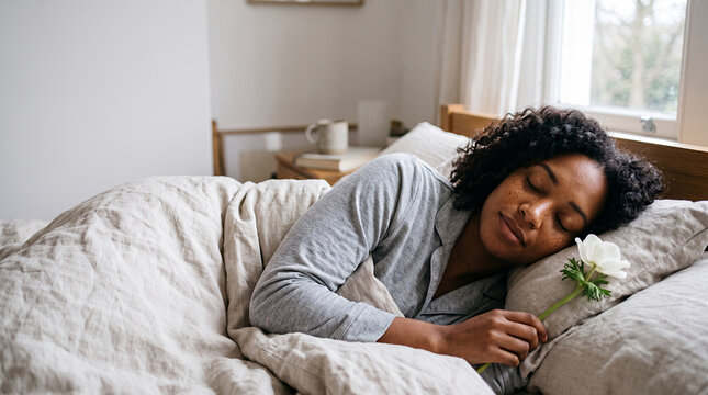 Woman sleeping peacefully in bed holding white flower
