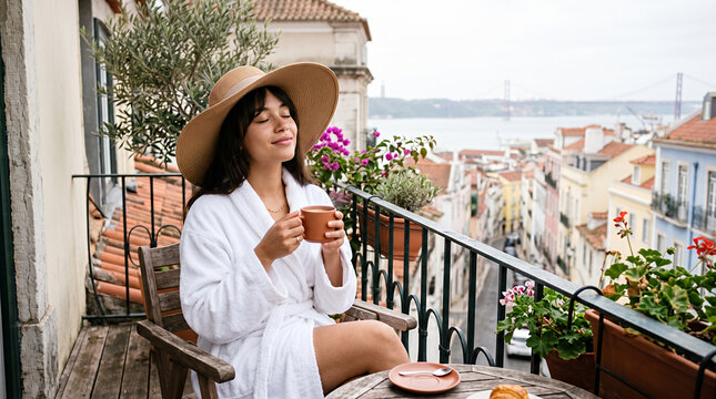 Woman in white robe and straw hat enjoying coffee on Mediterranean terrace