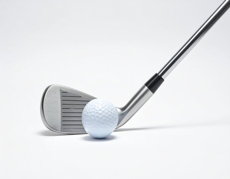 A metal golf club and textured ball are poised on a clean, white surface