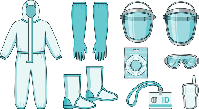 Hazardous Materials Protective Suit and PPE Gear Icon Set with Hazmat Coveralls Long Gloves Face Shields Boots and Badges Vector Illustrations