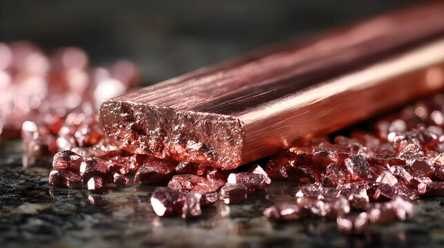 Close up of natural copper veins embedded in bedrock, rich copper metallic luster, realistic geological rock texture, emphasizing advanced energy storage materials and strategic mineral significance