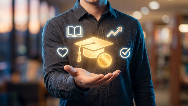 Education investment academic growth platform, man holding holographic graduation cap with book, heart, coin and upward arrow icons in library, student achievement and career success