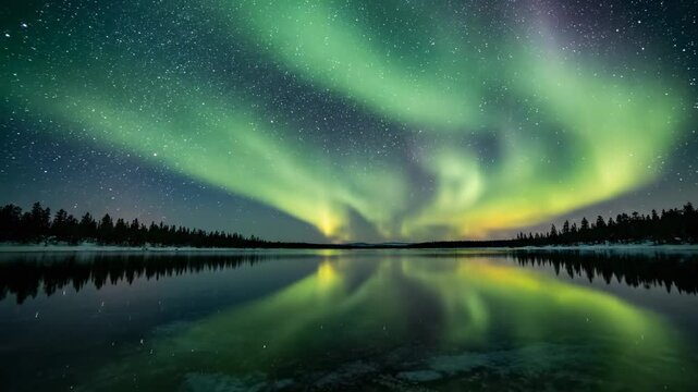 Vivid green light curtains shimmer across the vast arctic night sky above a calm horizon where trees reflect perfectly into the mirror surface of the dark lake water during a cold winter evening
