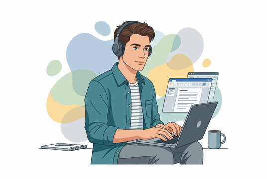 Person wearing headphones using computer with screen reader technology