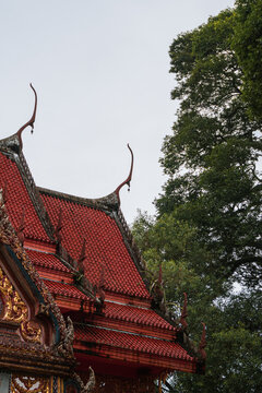 Architectural view of a red Thai temple roof with ornate Chofah next to a large green tree.