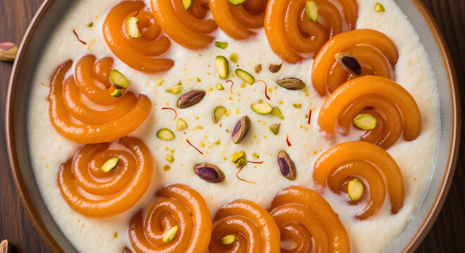 Jalebi dessert rests in a creamy milk base topped with vibrant green pistachios and saffron strands.