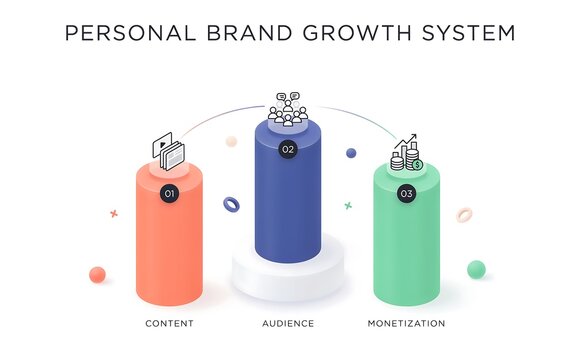 Personal brand growth system infographic featuring three vertical cylinders labeled audience, and monetization in pastel colors 3d style