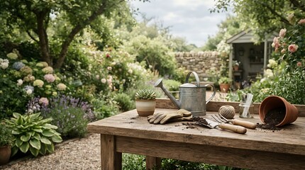 Fototapeta premium A wooden potting bench with a metal watering can, gardening gloves, and a trowel in a lush garden with hydrangea flowers and a shed in the background