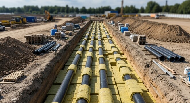 Aerial shot of wide trench filled with insulating panels covering largediameter district heating pipes stretching across a construction site.