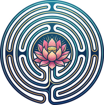 Lotus flower sits at the center of a circular maze representing inner discovery.