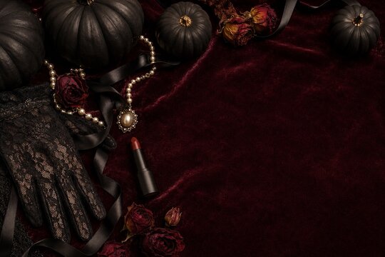 Dark Vintage Gothic Glamour Black Lace Gloves Red Velvet Background