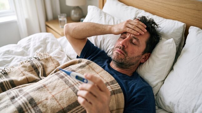 Sick man lying in bed holding thermometer and checking fever with thermometer temperature sickness headache recovery