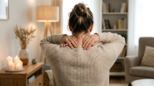 Back view of young woman suffering from neck pain massaging stiff muscles while sitting at cozy home