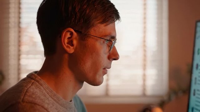 Focused Male Individual Engaged in Computer Activity, Highlighting Concentration and Modern Work Environment with Warm Evening Light and Bokeh Background