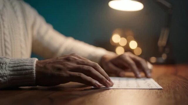 A Cozy Study Scene: A Hand Writing Notes on a Table with a Soft Lamp Illuminating the Space and Creating a Warm Ambience in a Calm Environment