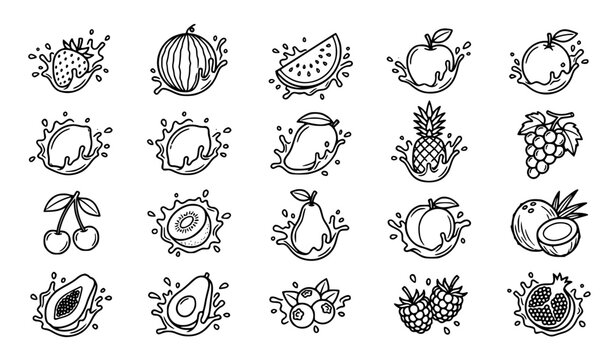 Black and white fresh fruit outline icon set with strawberry watermelon and juicy splash vector
