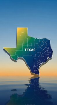 3D Render: Texas map with gradient colors, glowing edges, reflected on serene water under a golden sunset sky.