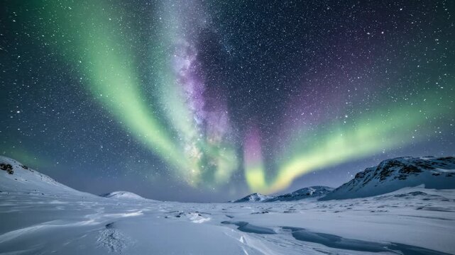 Vivid auroras dance across the starry night sky above a frozen desolate landscape while the glowing galactic center of the Milky Way shines brightly over the snow covered terrain in the darkness