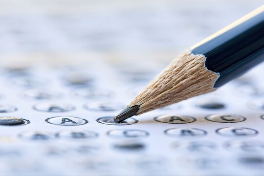 Close up of a sharpened pencil tip filling in a bubble on a multiple choice test or survey form
