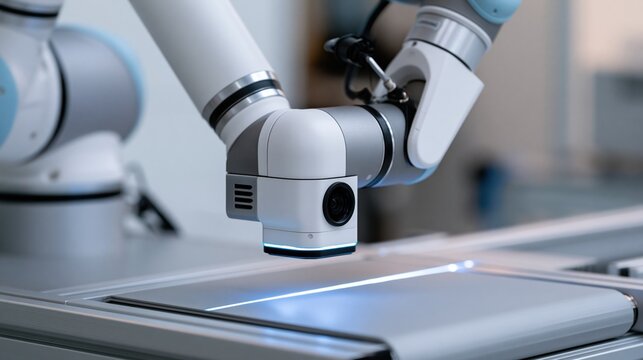 Advanced robotic arm with integrated camera performing inspection or assembly on a modern production line