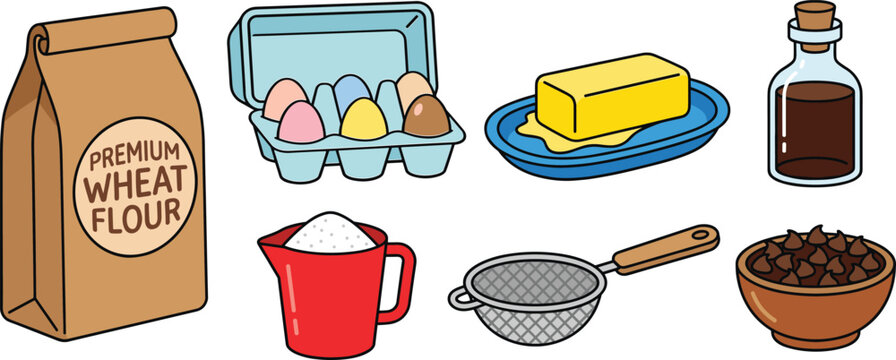 Baking ingredients vector icon set featuring wheat flour eggs butter measuring cup sifter vanilla chocolate chips.