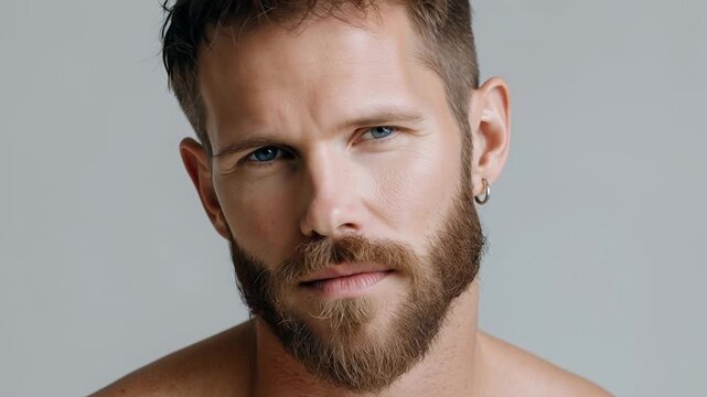 Close up portrait of a handsome bearded man looking directly at the camera with a calm expression