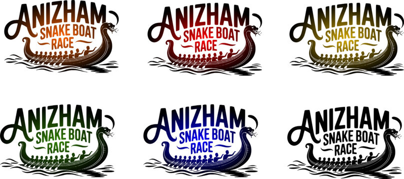 Anizham Snake Boat Race typography set featuring bold text integrated with traditional Kerala vallam kali snake boat and rowers in orange, red, gold, green, blue, and solid black color gradient 