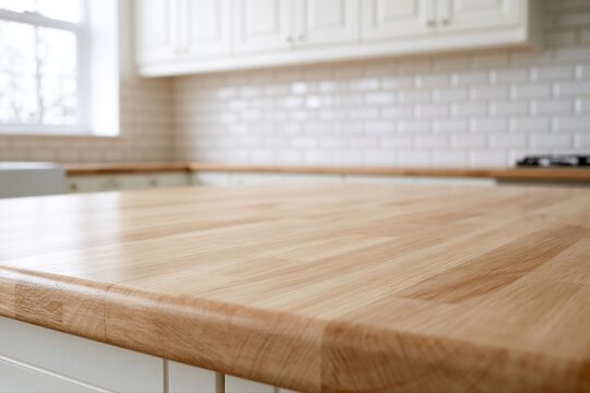 Natural Wood Kitchen Countertop Surface with White Subway Tile Backsplash and Cabinets