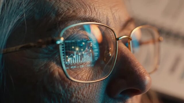 An elder person's focused gaze reflects intricate data visualizations, showcasing graphs and analytics, highlighting their engagement with modern technology and data insights.