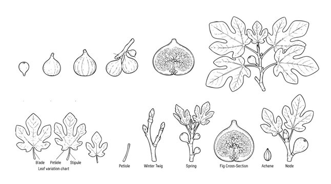 Botanical line art  Life Cycle and Anatomical Chart of Common Fig Tree with Leaves Twigs Flowers and Fruit Section hand drawn