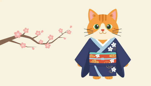 Cute orange tabby cat character dressed in a traditional Japanese navy blue kimono standing next to a blooming cherry blossom branch.
